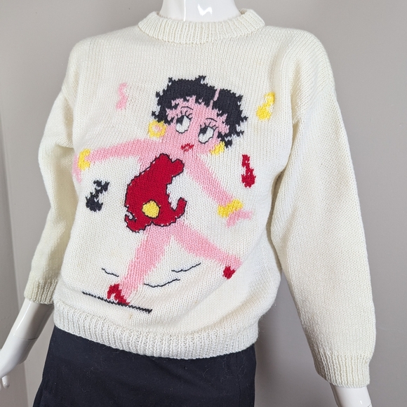 Handmade Betty Boop Knit Sweater Vintage Style Cropped Graphic Pullover Petite X - Picture 2 of 6